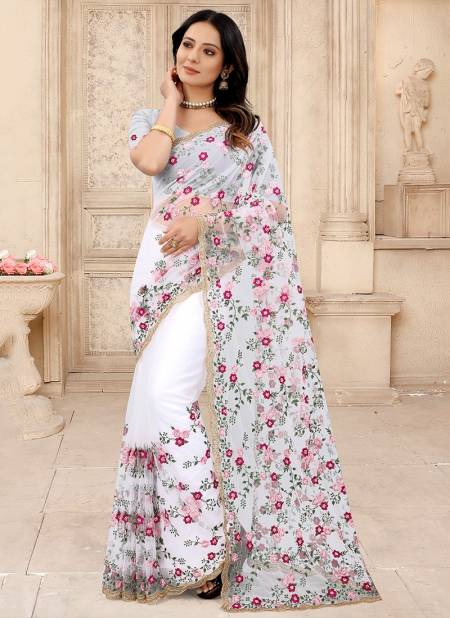 White Colour SENSATIONAL New Fancy Party Wear Heavy Net Embroidered Saree Collection 1242